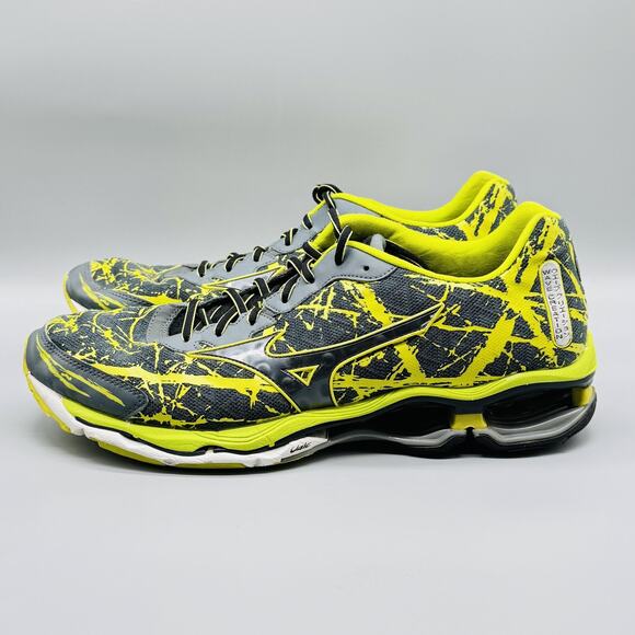 Mizuno Shoes Mens 14 Gray Yellow Paint Splatter Wave Creation 16 Running Sneaker - Picture 5 of 12